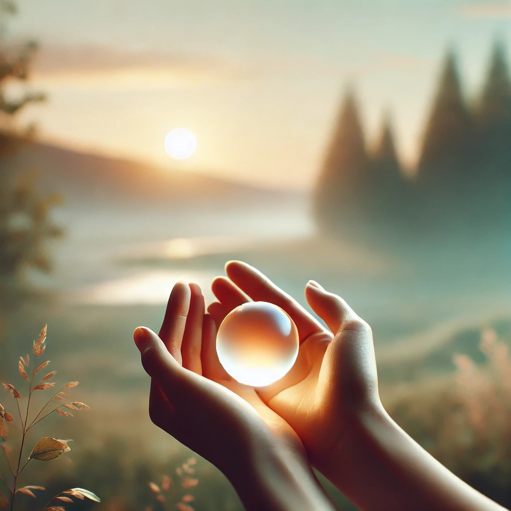 Hands holding a glowing light orb in a serene natural setting, symbolizing mindfulness and intentional small actions.