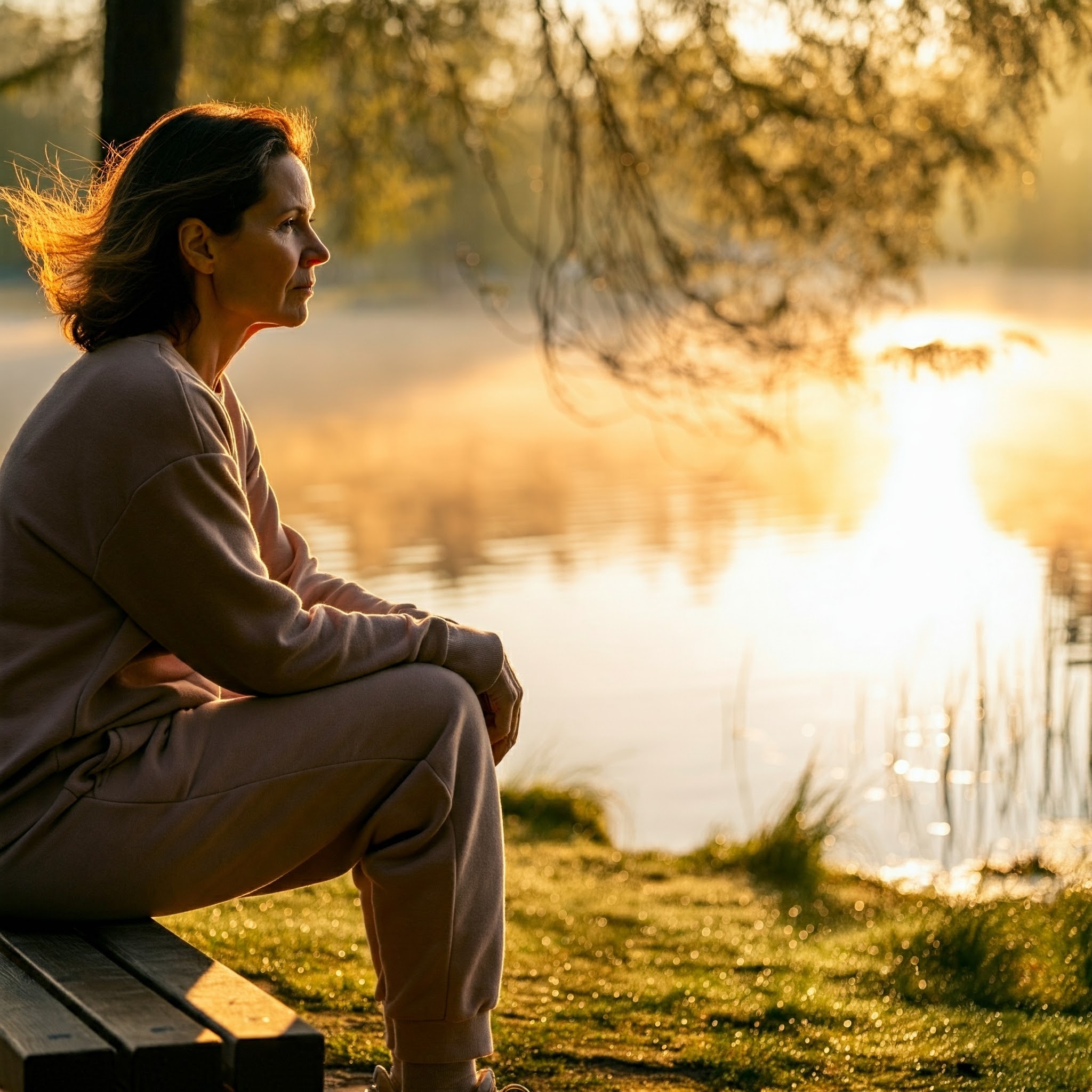 A contemplative woman sitting on a wooden bench by a calm lake during a serene sunrise. The warm sunlight illuminates her face and casts a golden glow over the water, surrounded by gentle greenery and soft morning mist.