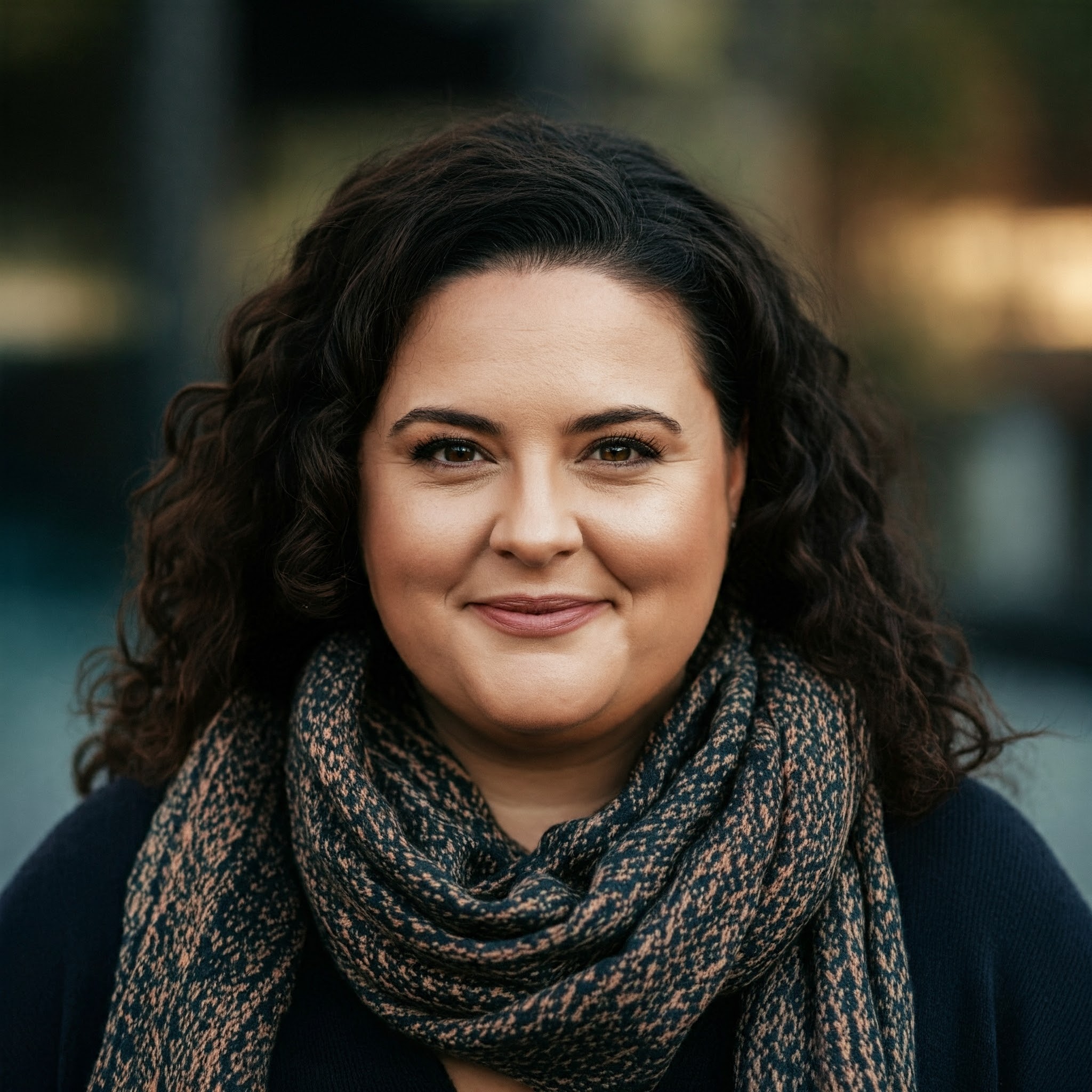 A portrait of a content woman with stylish glasses, looking directly at the camera with a warm smile.